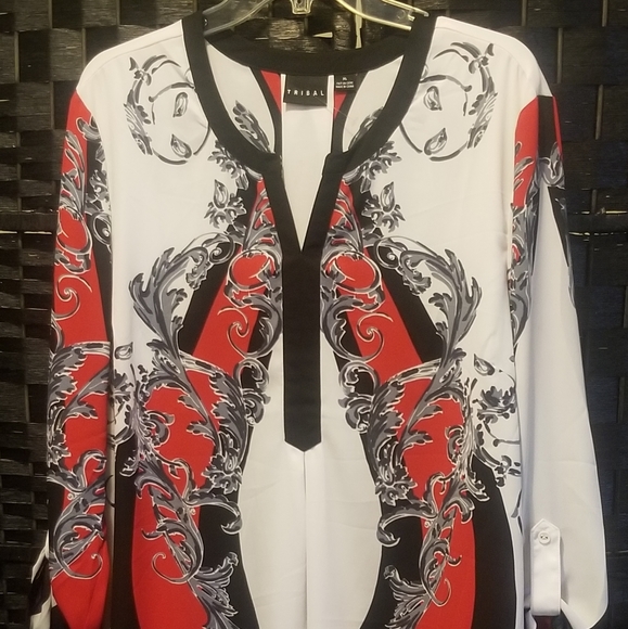 Tribal Tops - TRIBAL White Printed Tunic Style Blouse XL